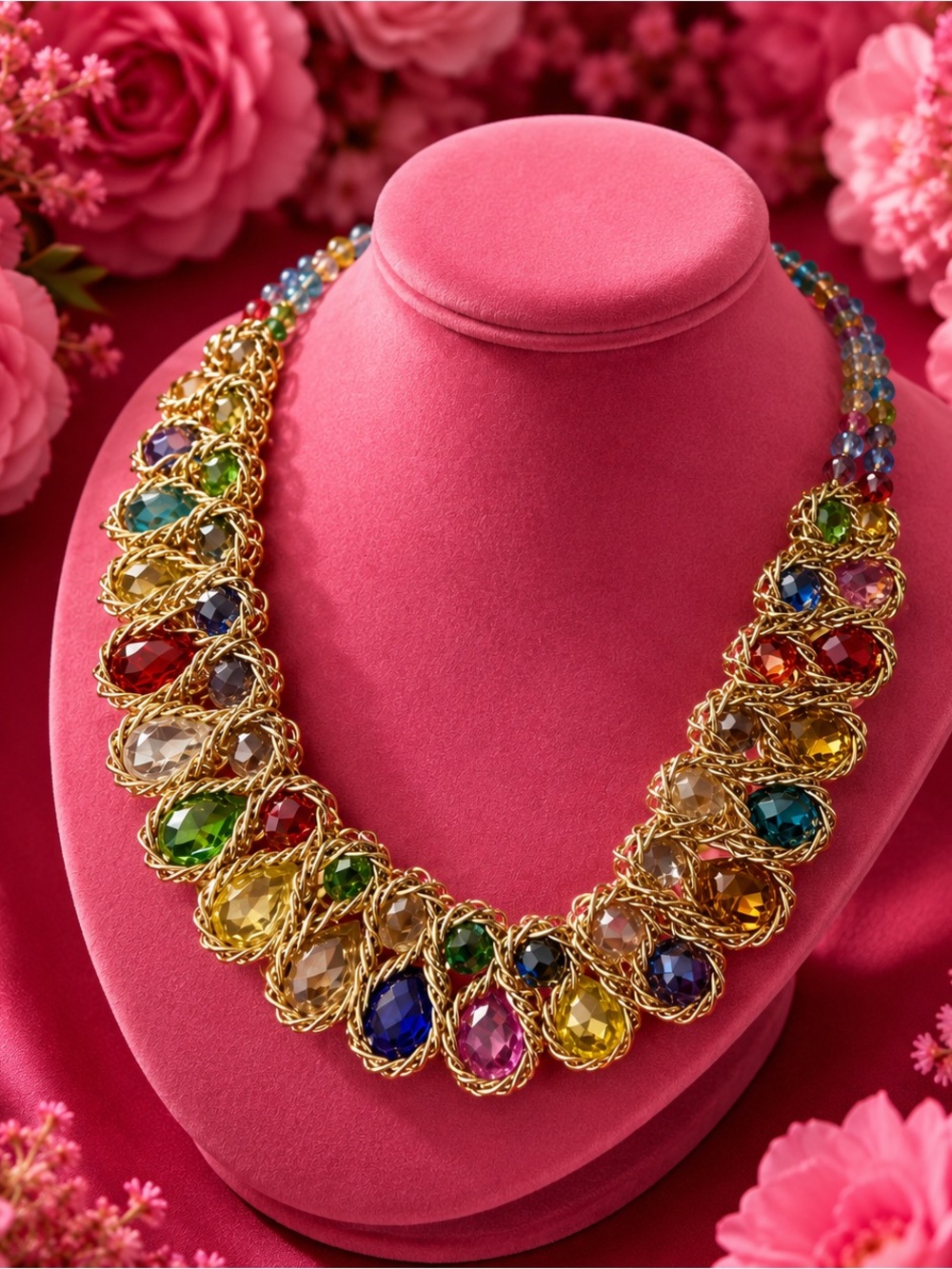 Gold-Tone Multicolor Crystal Statement Necklace - Picture 2 of 4